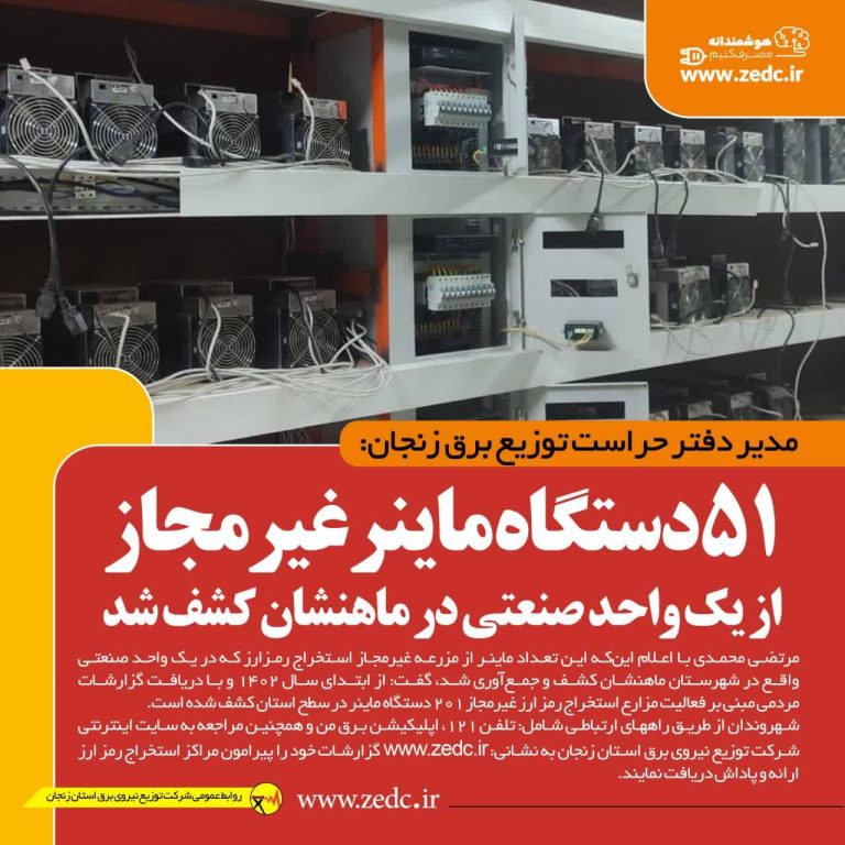 51دستگاه ماینر غیرمجاز از یک واحد صنعتی در ماهنشان کشف شد