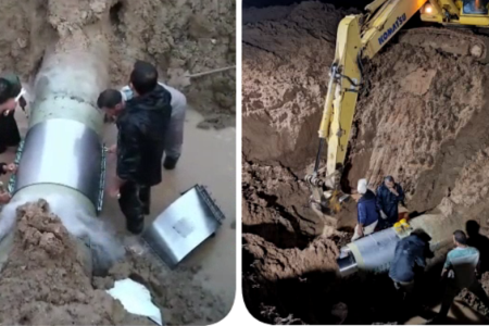عملیات تعمیر و رفع شکستگی خط لوله  ۷۰۰ میلیمتر انتقال  آب از سوسنگرد به حمیدیه توسط تیم تعمیرات خطوط شرکت آب غدیر خوزستان